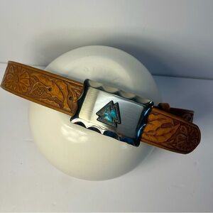 Vtg Southwestern Turquoise Arrowhead Belt Buckle & Hand Tooled Leather Belt 33”
